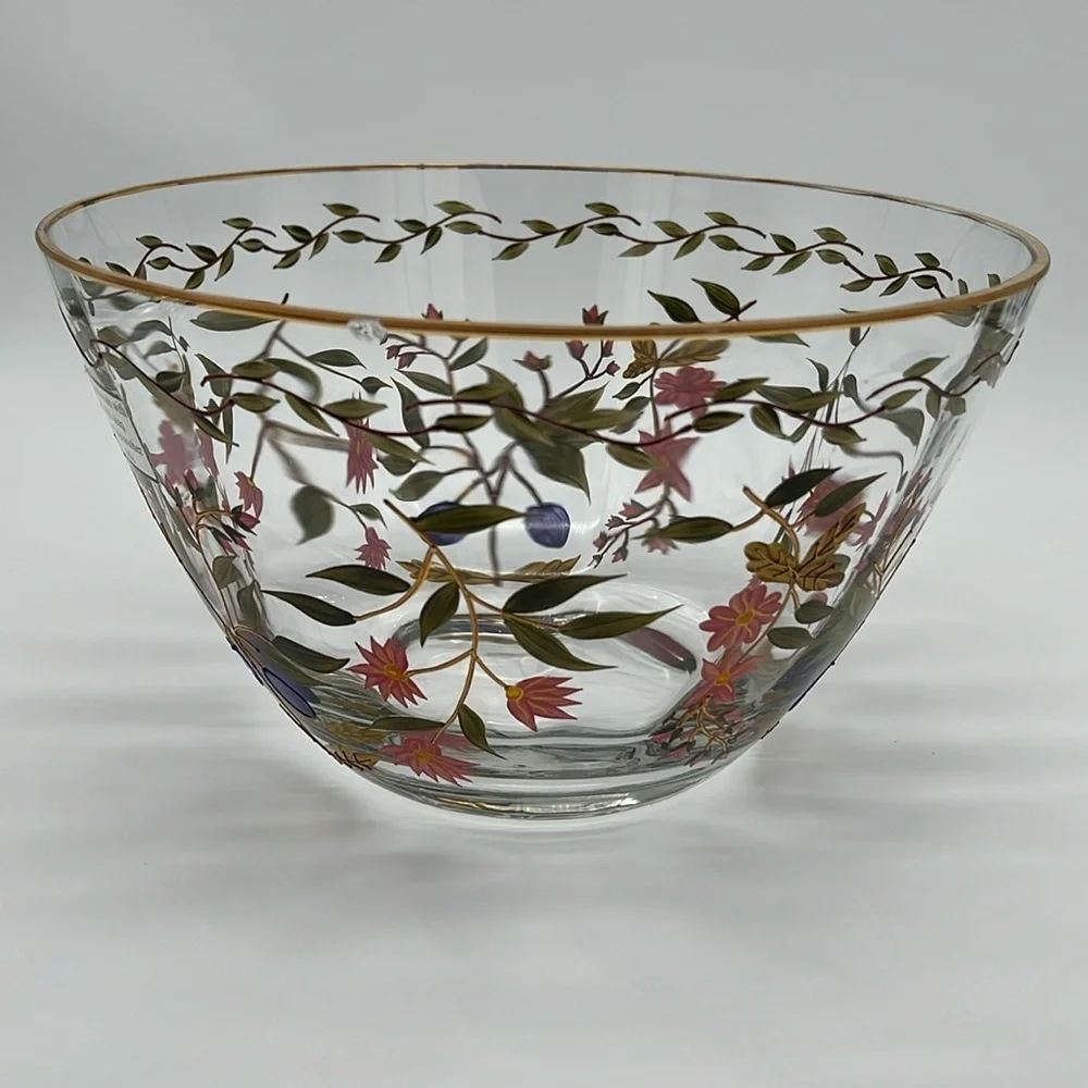 Crystal Clear Industries Hand Painted “Amelia” 11” Bowl With 22kt Gold Floral